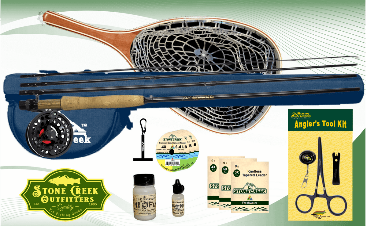 Stone Creek Outfitters Trout Stalker fly fishing starter kit with fly rod, reel, and accessories on a green background.