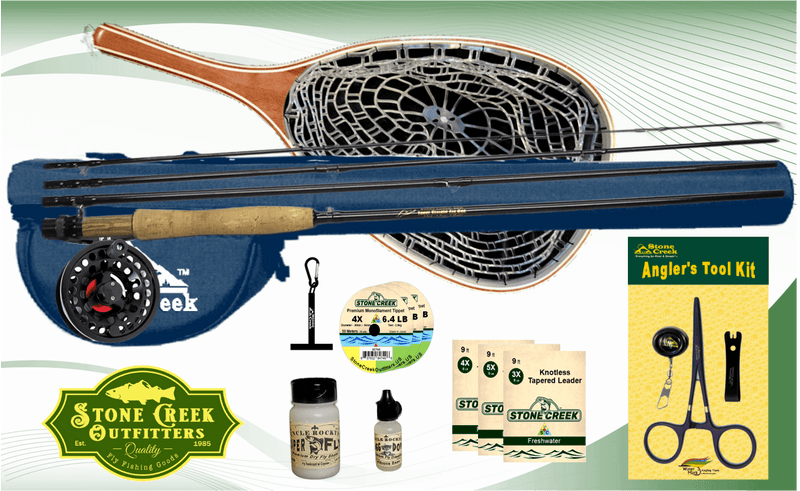 Stone Creek Outfitters Trout Stalker fly fishing starter kit with fly rod, reel, and accessories on a green background.