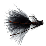 Black tungsten bead mini bugger euro nymph fly for trout fishing, size 8, by The Fly Fishing Place, featuring a tactical wet fly design.