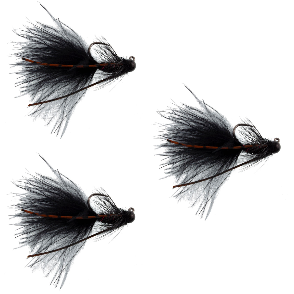 Set of three black tungsten bead mini bugger euro nymph flies for trout fishing, size 8, from The Fly Fishing Place.