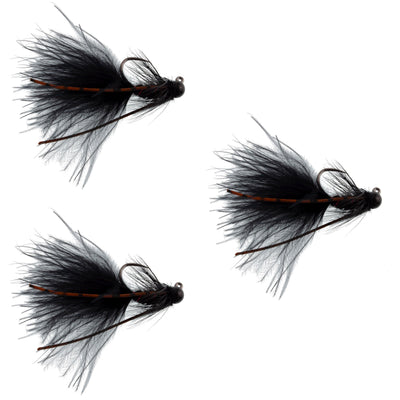 3 Pack Tungsten Bead Tactical Black Mini Bugger Euro Nymph Fly - Size 12