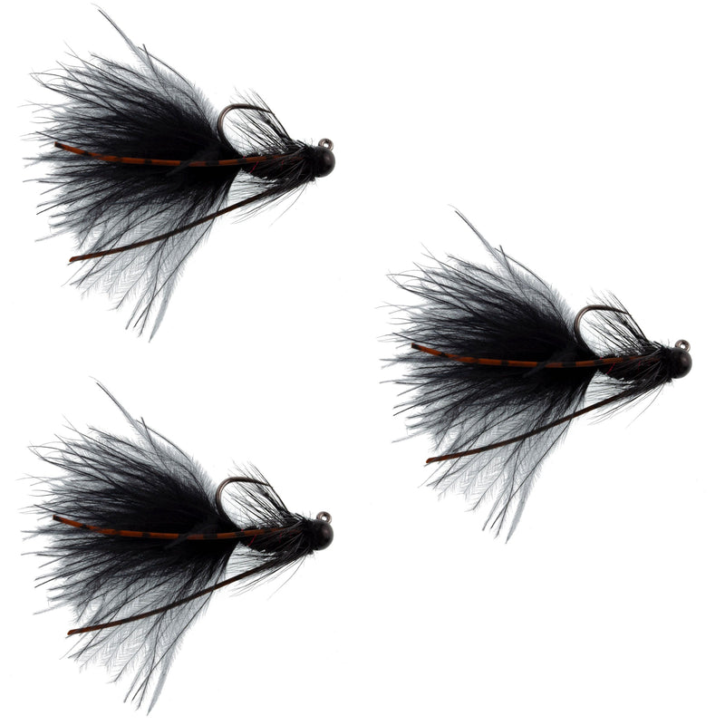 3 Pack Tungsten Bead Tactical Black Mini Bugger Euro Nymph Fly - Size 12