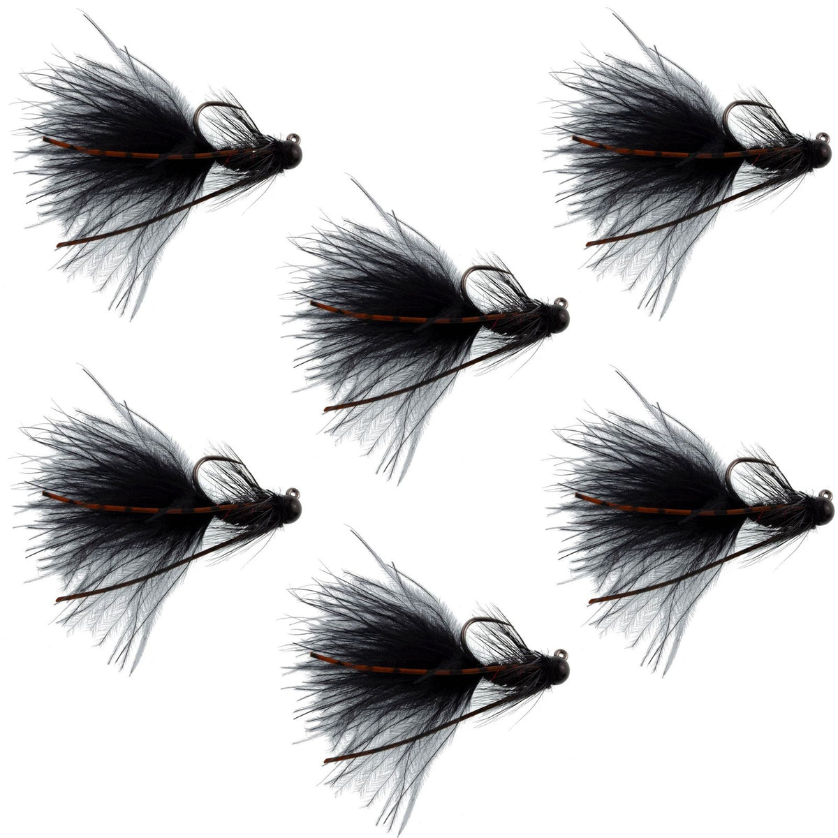 Set of six black tungsten bead tactical mini bugger euro nymph flies for trout fishing, size 8, by The Fly Fishing Place