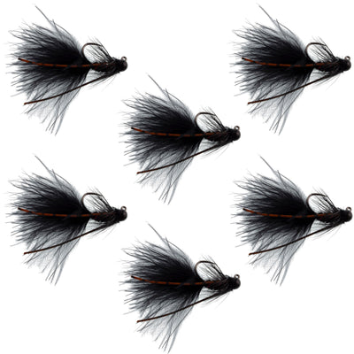 Set of six black tungsten bead tactical mini bugger euro nymph flies for trout fishing, size 8, by The Fly Fishing Place