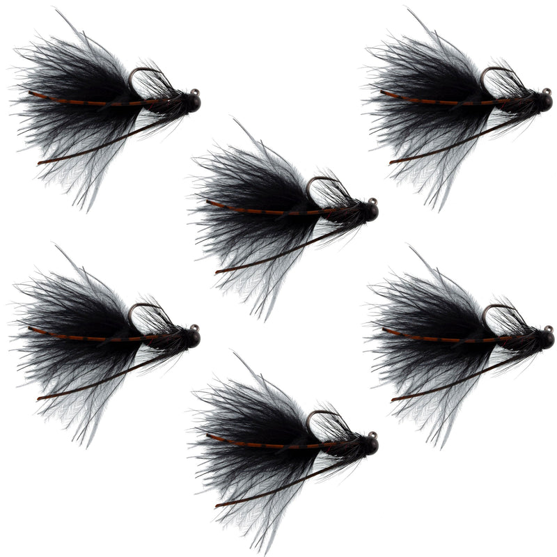 Set of six black tungsten bead tactical mini bugger euro nymph flies for trout fishing, size 8, by The Fly Fishing Place