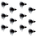 Set of 12 black tungsten bead tactical mini bugger euro nymph trout wet flies in size 8 for fly fishing.