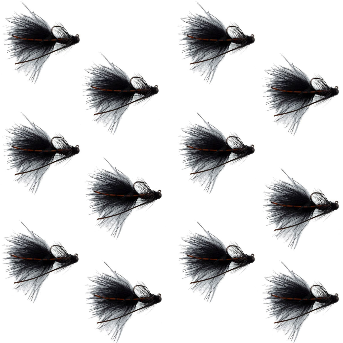 Set of 12 black tungsten bead tactical mini bugger euro nymph trout wet flies in size 8 for fly fishing.