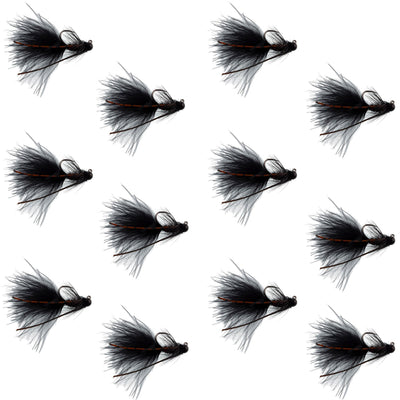 Set of 12 black tungsten bead tactical mini bugger euro nymph trout wet flies in size 8 for fly fishing.