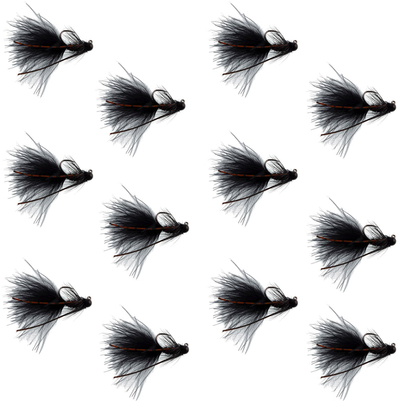 Set of 12 black tungsten bead tactical mini bugger euro nymph flies for trout fishing, size 12, by The Fly Fishing Place.