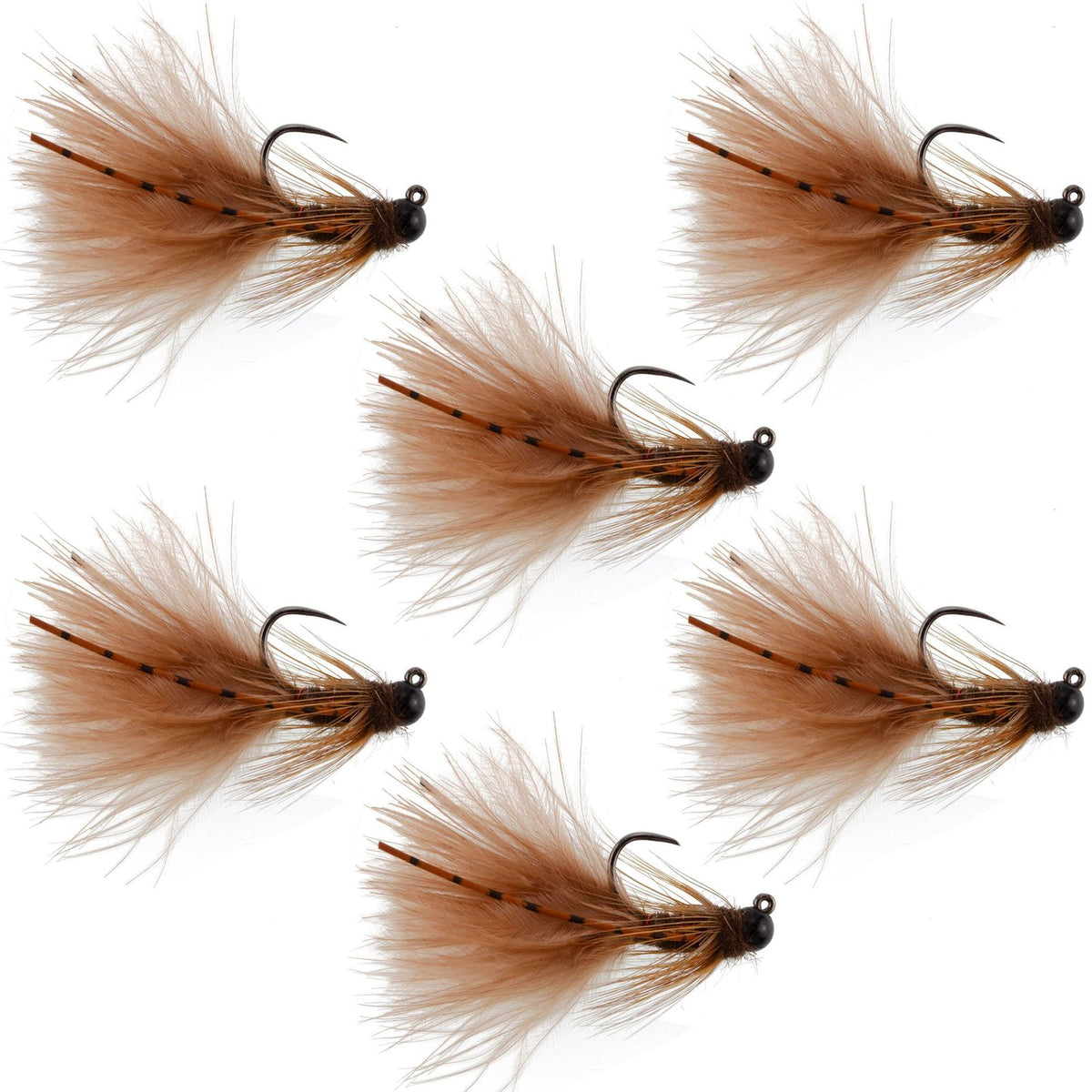 Set of six brown tungsten bead tactical mini bugger euro nymph flies for trout fishing, size 12, from The Fly Fishing Place.