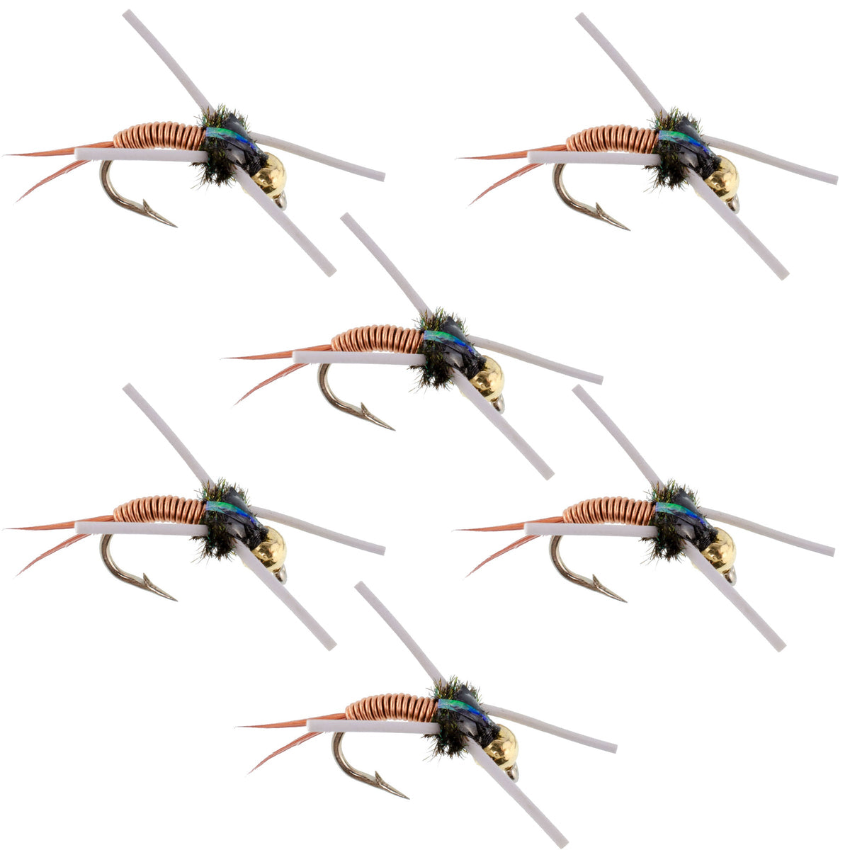 Set of 6 Tungsten Bead Head Copper John Nymph Fly Fishing Flies for trout, featuring rubber legs and size 14 hooks.