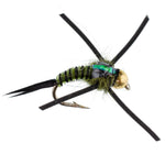 Black olive zebra copper John nymph fly with tungsten bead and rubber legs, designed for trout fishing, size 14, from The Fly Fishing Place.