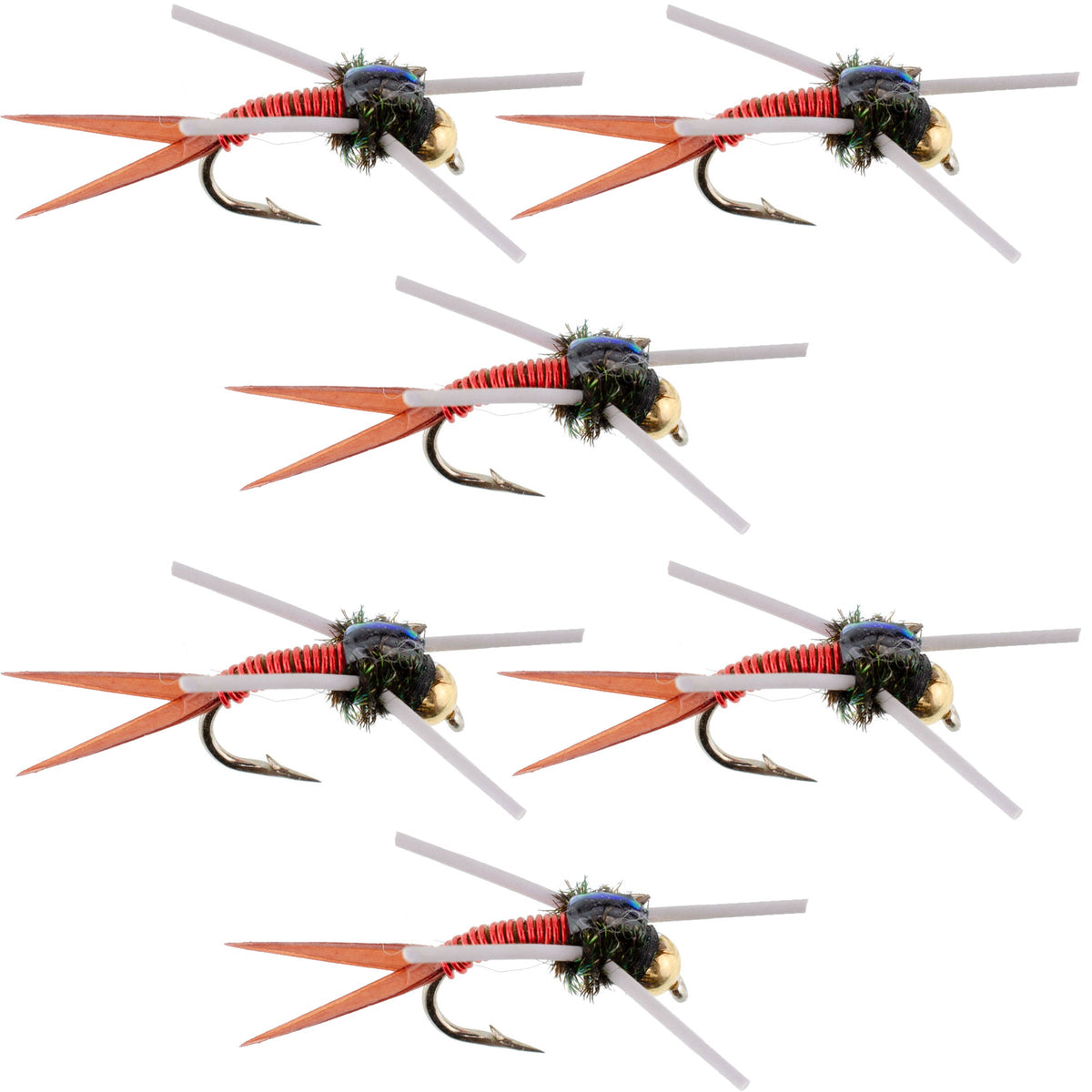 Set of 6 Copper John Tungsten Bead Head Trout Wet Flies with red rubber legs, size 12, for fly fishing by The Fly Fishing Place.