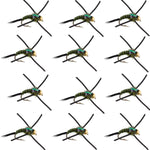 Set of 12 tungsten bead head Copper John nymph flies in black, olive, and zebra colors for trout fishing, size 12.