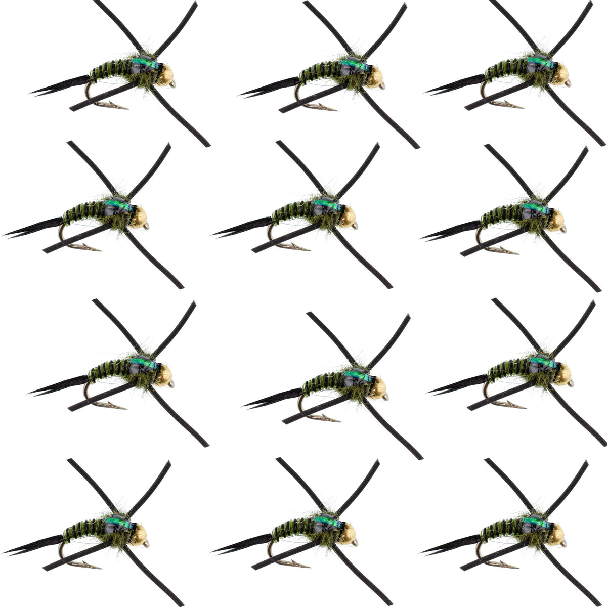 Set of 12 tungsten bead head Copper John nymph flies in black, olive, and zebra colors for trout fishing, size 12.