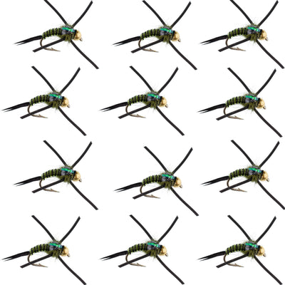 Set of 12 tungsten bead head Copper John nymph flies in black, olive, and zebra colors for trout fishing, size 12.