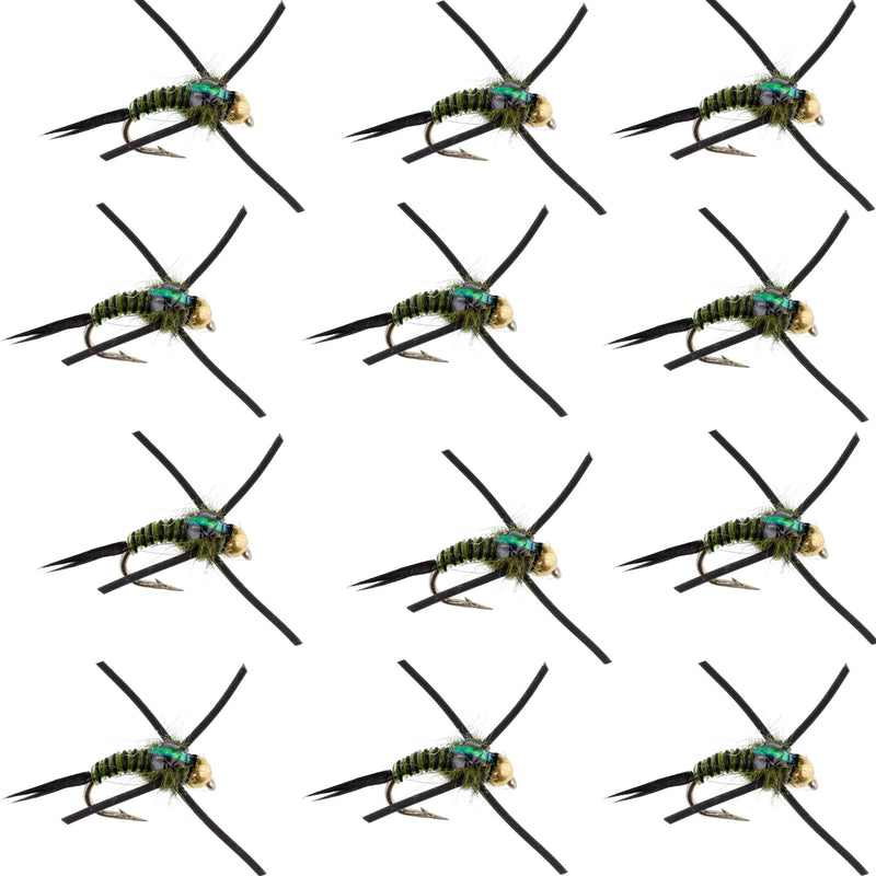 Set of 12 tungsten bead head Copper John nymph flies in black, olive, and zebra colors for trout fishing, size 12.