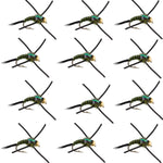 Set of 12 black olive and zebra copper John nymph flies with tungsten bead head, suitable for trout fishing on hooks size 14.