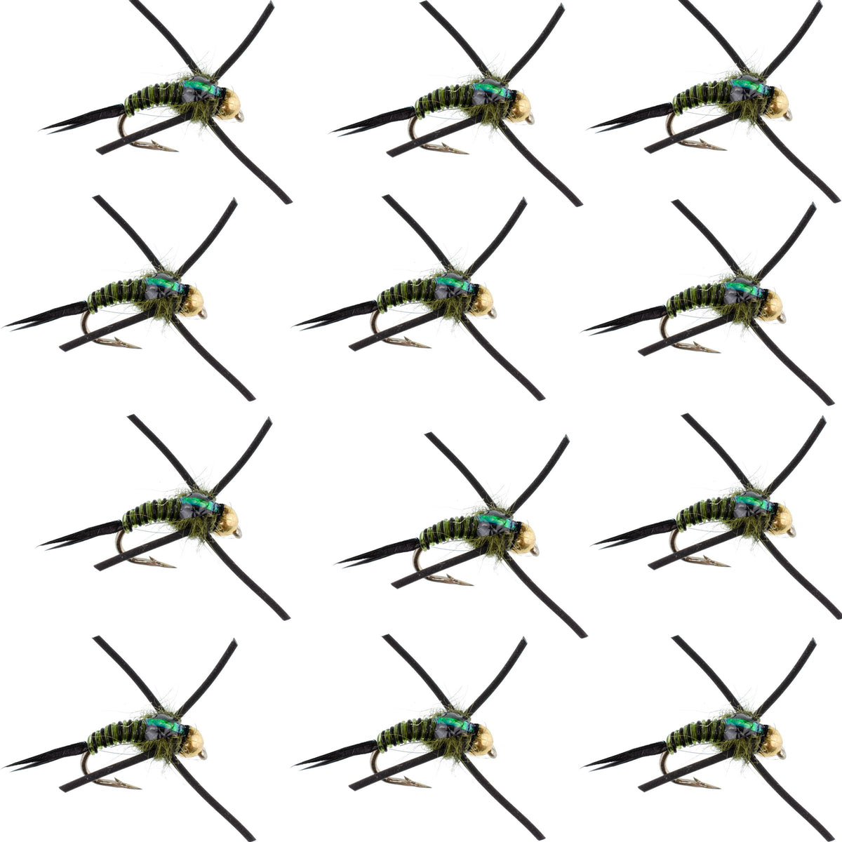 Set of 12 black olive and zebra copper John nymph flies with tungsten bead head, suitable for trout fishing on hooks size 14.