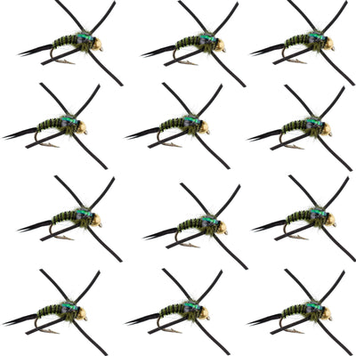 Set of 12 black olive and zebra copper John nymph flies with tungsten bead head, suitable for trout fishing on hooks size 14.