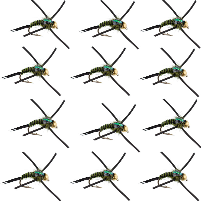 Set of 12 black olive and zebra copper John nymph flies with tungsten bead head, suitable for trout fishing on hooks size 14.