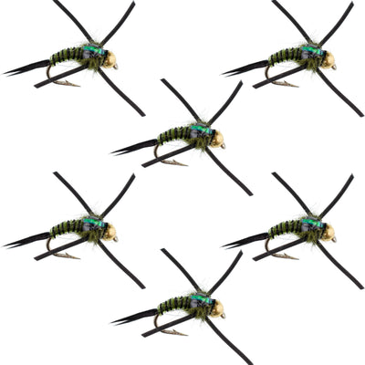 Set of 6 Copper John nymph flies with tungsten bead, rubber legs, black olive zebra pattern, size 16 trout wet fly fishing flies.