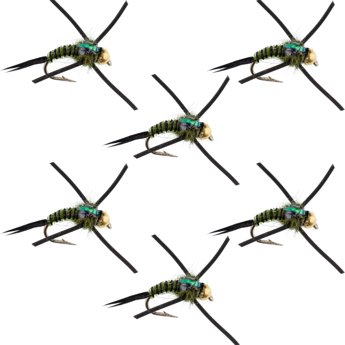 Set of 6 Tungsten Bead Head Copper John Nymph Flies with black, olive, and zebra pattern for trout fishing.