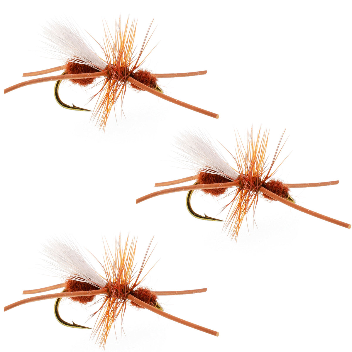 Set of three Turcks Power Flying Ant cinnamon trout dry flies with size 12 hooks for fly fishing.