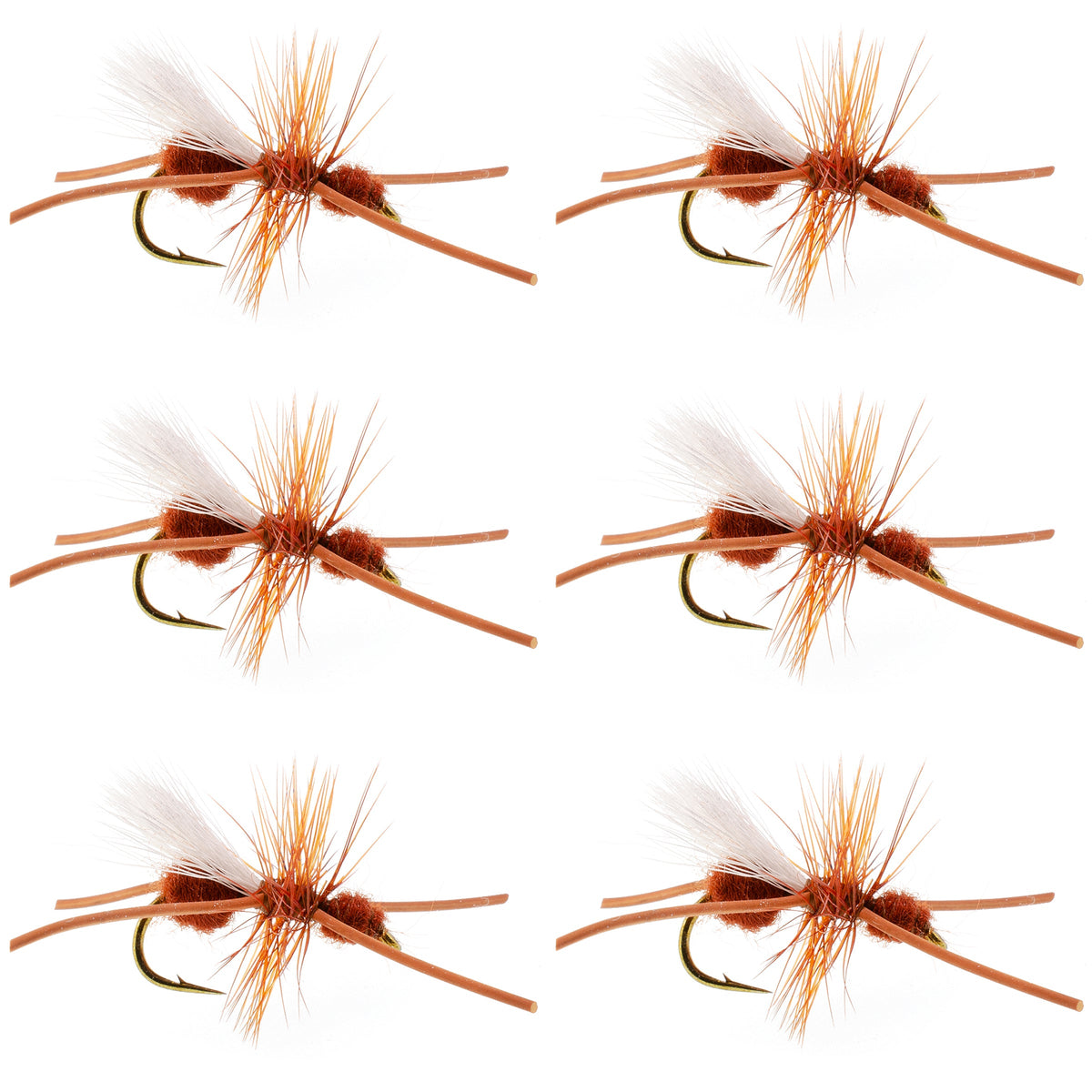 Set of six Turcks Power Flying Ant Cinnamon trout dry flies with size 12 hooks for fly fishing.