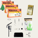 Collection of Postfly fly tying tools and kits on a white background