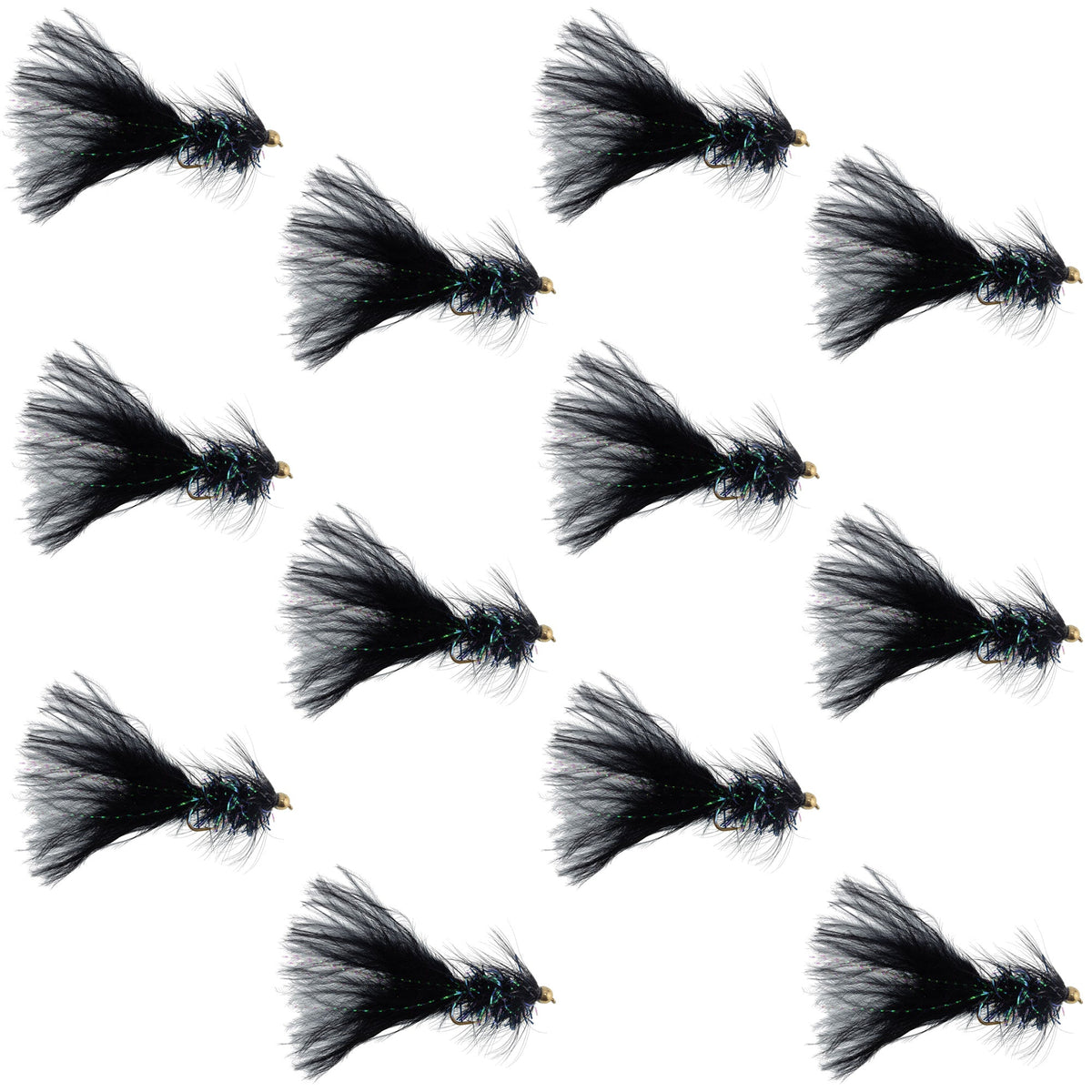 Set of 12 black bead head woolly bugger streamer flies in size 8 for fly fishing, featuring realistic feather and bead details.