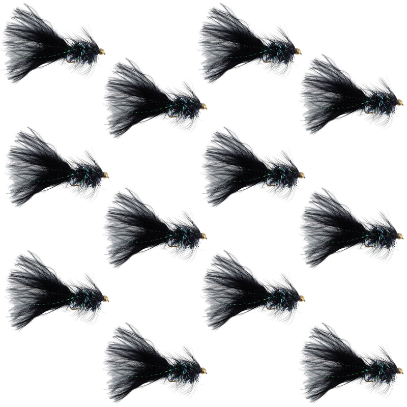 Set of 12 black bead head Woolly Bugger streamer flies in size 4, designed for fly fishing, featuring realistic feather and chenille details.