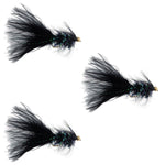 Set of three black bead head Woolly Bugger streamer flies for fly fishing, size 4, from The Fly Fishing Place.