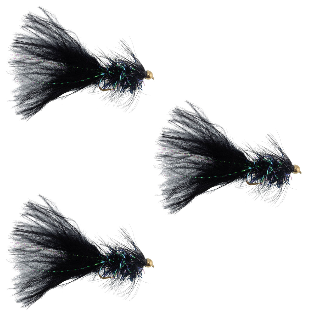 Three black bead head Woolly Bugger streamer flies in size 8 for fly fishing, featuring black feathers and bead accents.