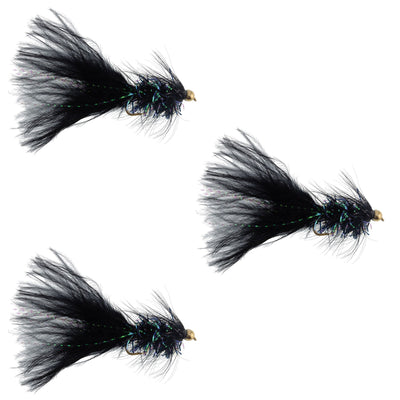 Three black bead head Woolly Bugger streamer flies in size 8 for fly fishing, featuring black feathers and bead accents.