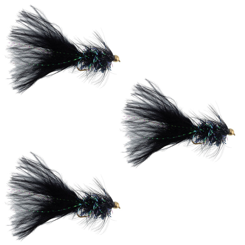 Three black bead head Woolly Bugger streamer flies in size 8 for fly fishing, featuring black feathers and bead accents.