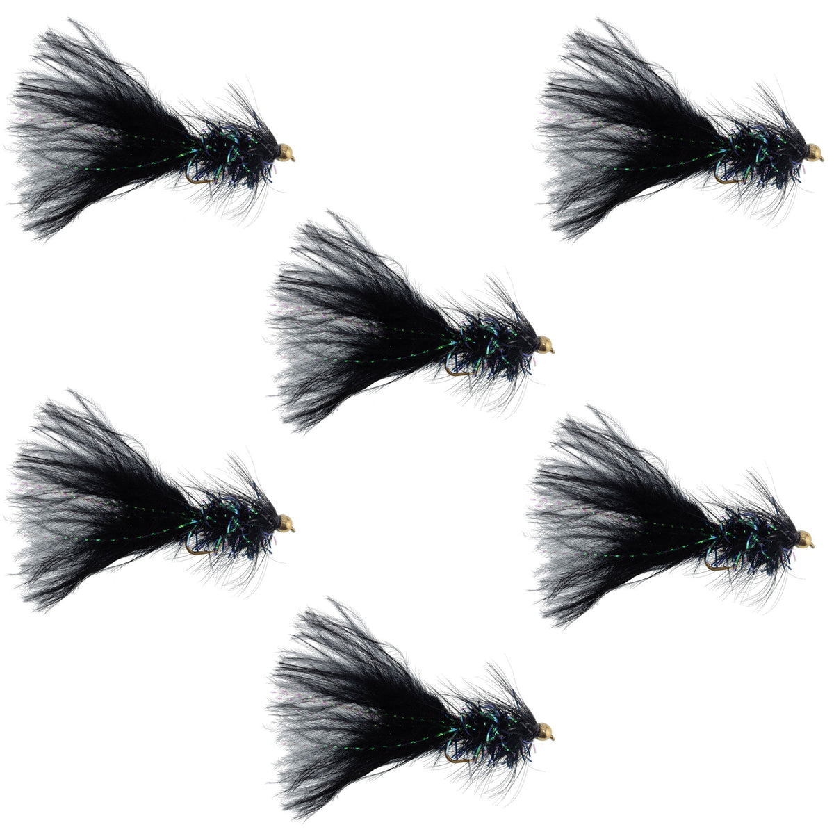 Six Bead Head Crystal Woolly Buggyer Streamer Flies in black, size 4, designed for fly fishing, with realistic fish-catching features.
