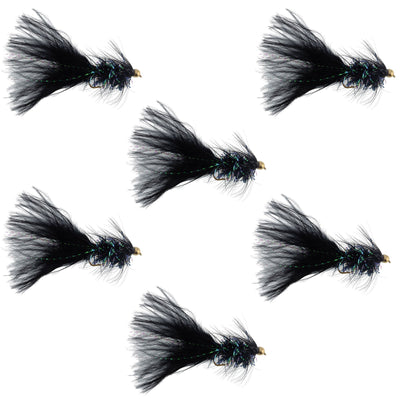 Set of six Bead Head Crystal Woolly Buggy Streamer Flies in black, size 8, designed for fly fishing, with realistic feather and fur details.