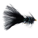 Six Bead Head Crystal Woolly Bugger streamer flies in black, size 4, designed for fly fishing by The Fly Fishing Place.