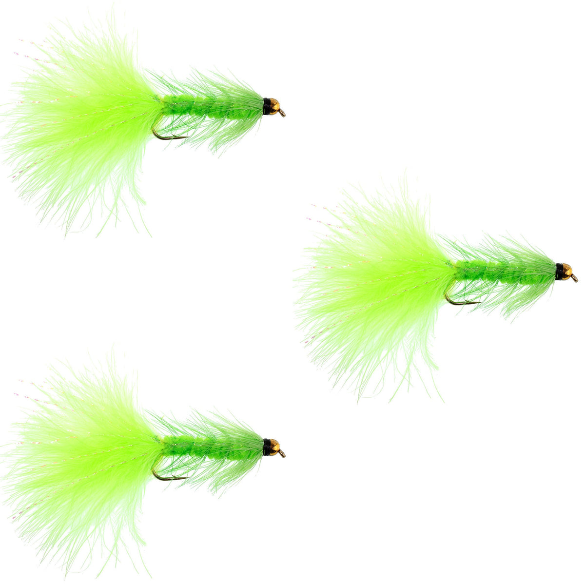 Three chartreuse woolly bugger streamer flies for fishing, size 4, with crystal beads, by The Fly Fishing Place.