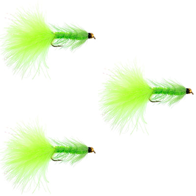 Three chartreuse woolly bugger streamer flies for fishing, size 4, with crystal beads, by The Fly Fishing Place.