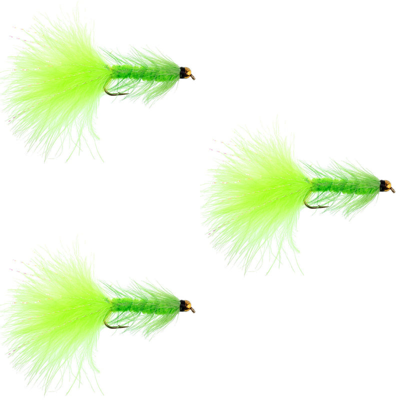 Three chartreuse woolly bugger streamer flies for fishing, size 4, with crystal beads, by The Fly Fishing Place.