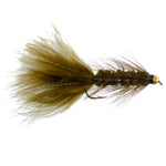 Dark olive bead head Woolly Bugger streamer fly for fishing, size 8, with crystal details, crafted by The Fly Fishing Place.