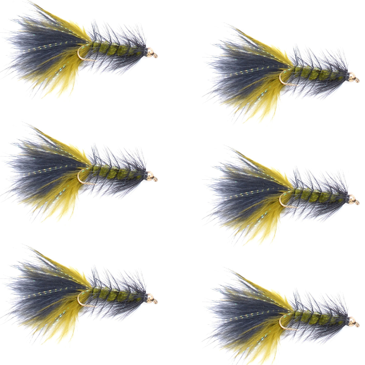 Set of six olive black bead head woolly bugger streamer flies for fly fishing, size 4, by The Fly Fishing Place
