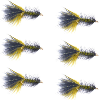 Set of six olive black bead head woolly bugger streamer flies for fly fishing, size 4, by The Fly Fishing Place
