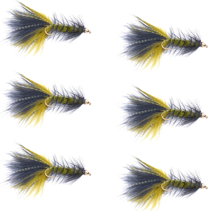 Set of six Olive Black Bead Head Crystal Woolly Bugger streamer flies for fly fishing, size 8, with black and olive color patterns.