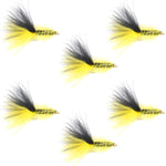 Set of six yellow and black bead head Woolly Bugger streamer flies for fly fishing, size 4, by The Fly Fishing Place.