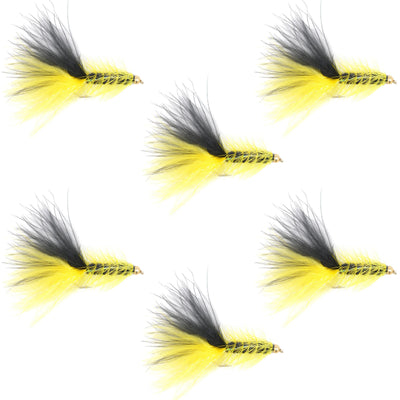Set of six yellow and black bead head Woolly Bugger streamer flies for fly fishing, size 4, by The Fly Fishing Place.