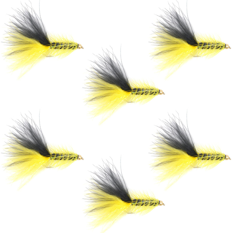 Set of six yellow and black bead head Woolly Bugger streamer flies for fly fishing, size 4, by The Fly Fishing Place.