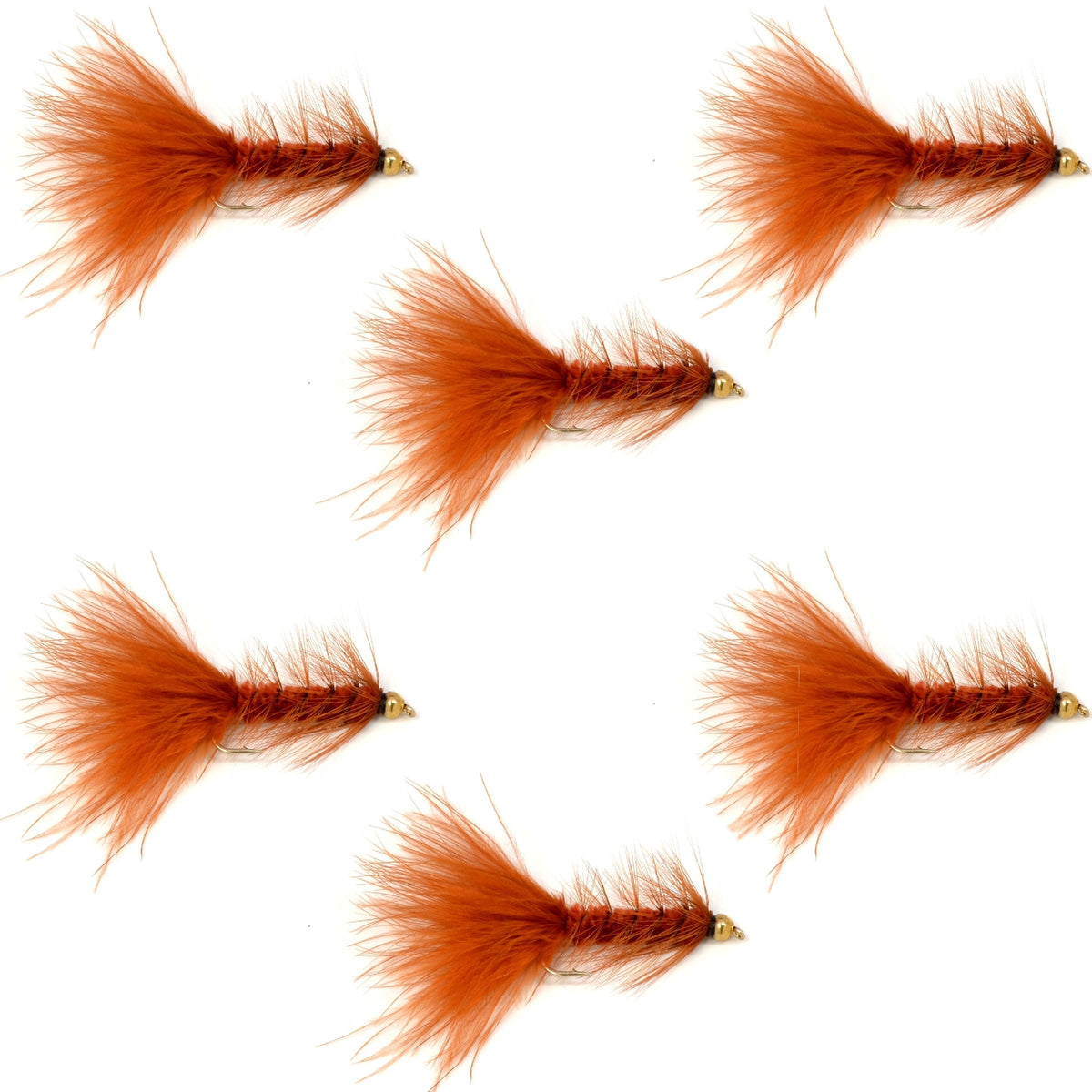 Set of six brown bead head Woolly Bugger streamer flies for fly fishing, size 4, with crystal accents, by The Fly Fishing Place.